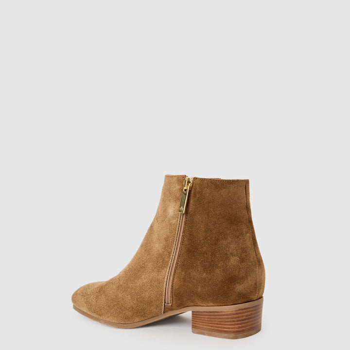 Women's brown suede ankle boots with pointed toes and low block heels
