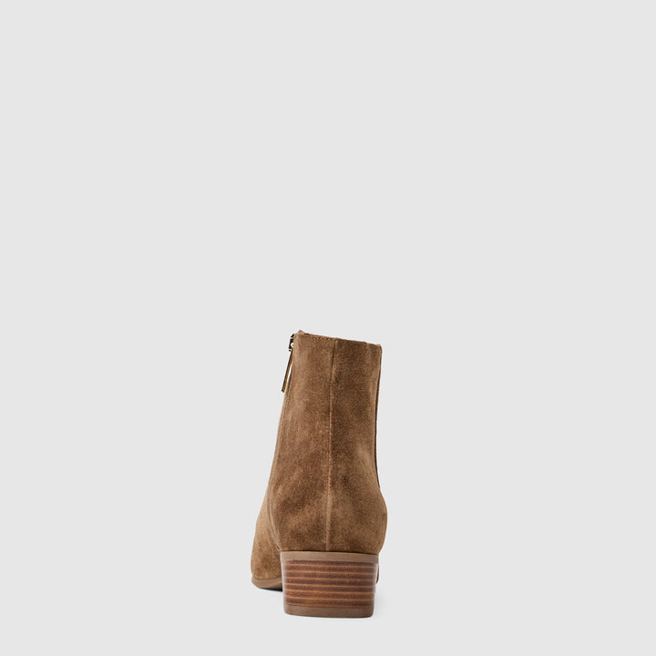 Women's brown suede ankle boots with pointed toes and low block heels