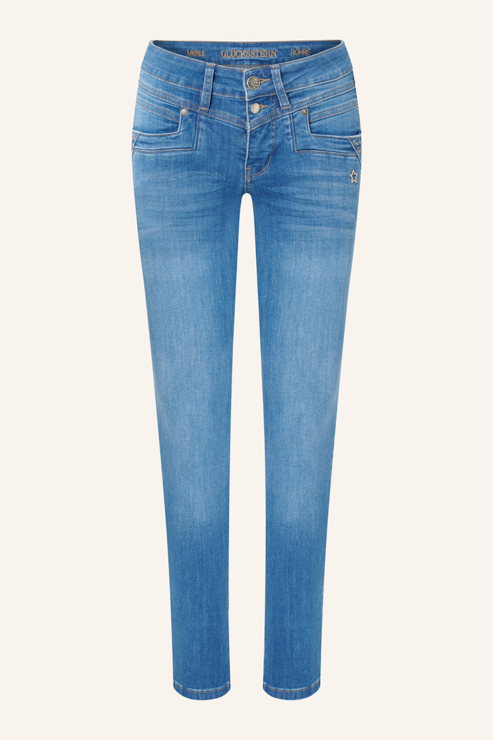 Women's blue slim fit jeans with studded pocket detail