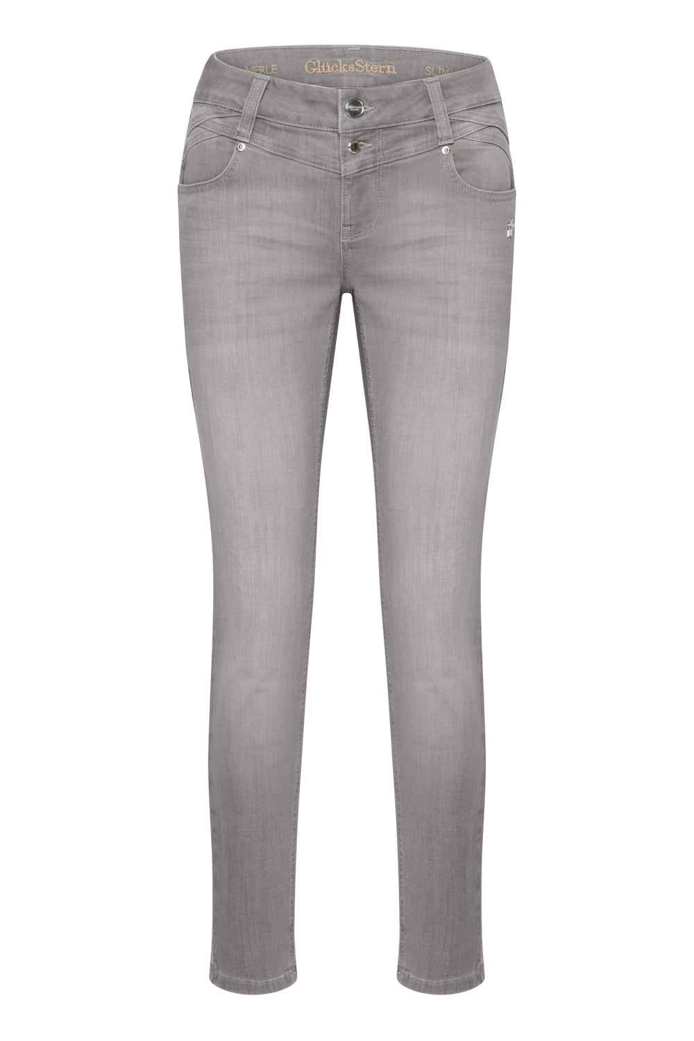 Women's grey slim fit jeans with a mid-rise waist and ankle-length legs