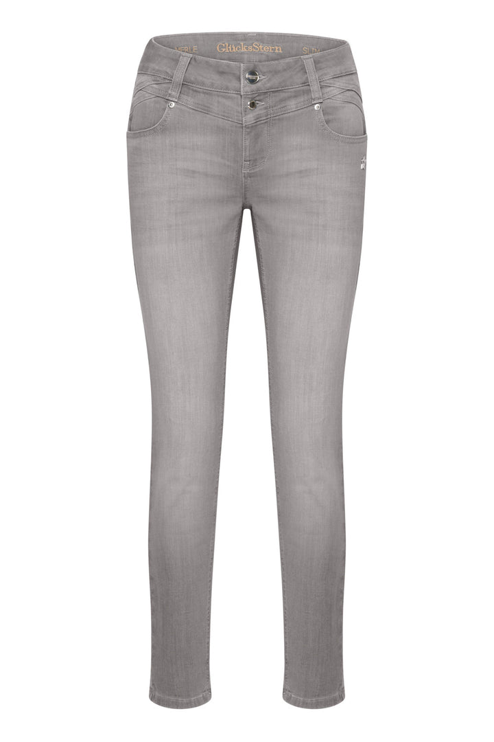 Women's grey slim fit jeans with a mid-rise waist and ankle-length legs