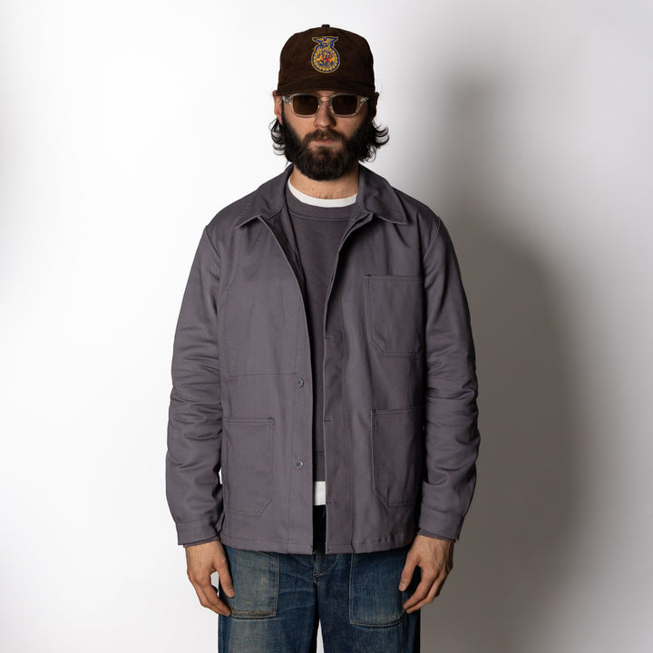 Grey men's work jacket with spread collar and four front pockets