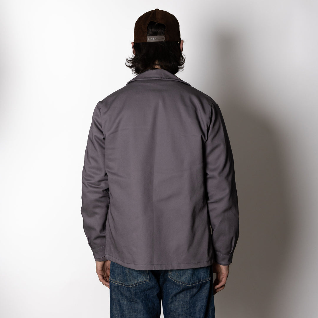 Grey men's work jacket with spread collar and four front pockets