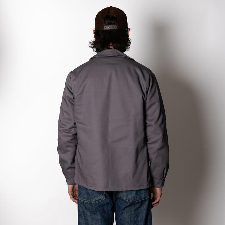 Grey men's work jacket with spread collar and four front pockets