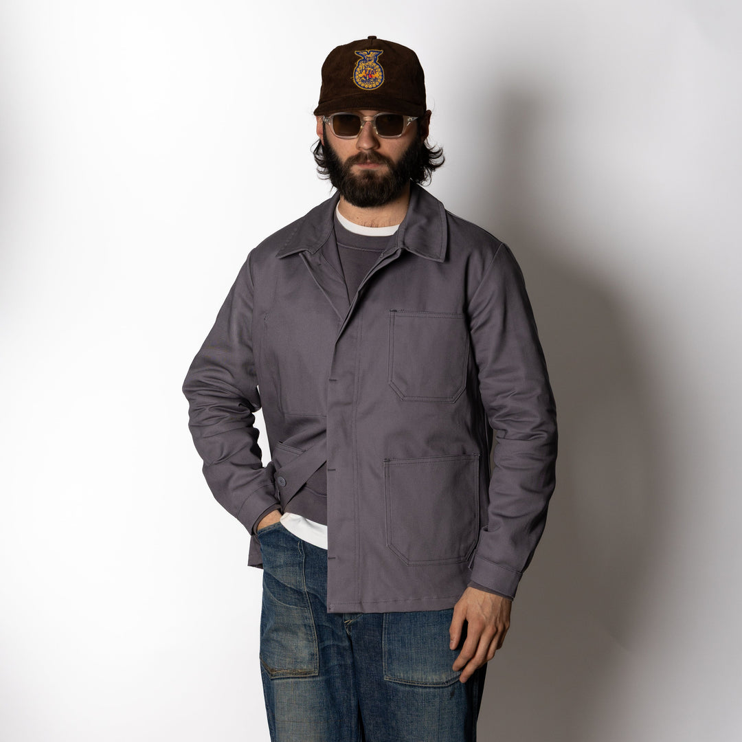 Grey men's work jacket with spread collar and four front pockets
