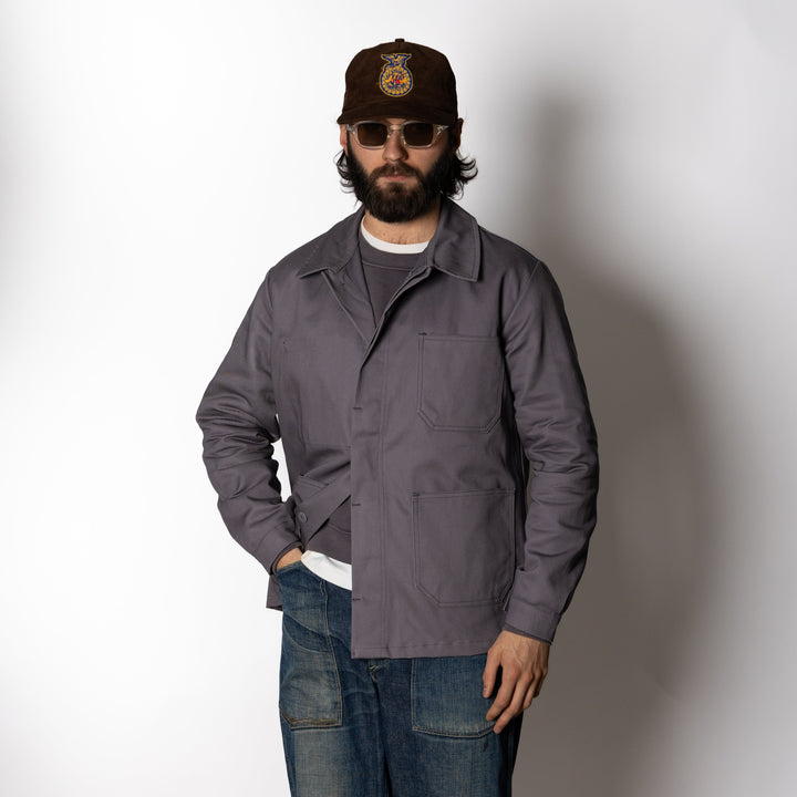 Grey men's work jacket with spread collar and four front pockets