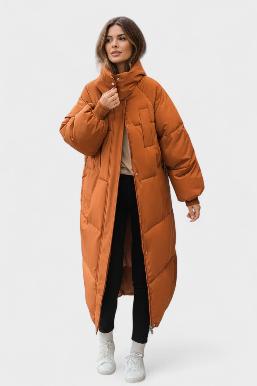 Longline hooded puffer coat with quilted panels and large pockets