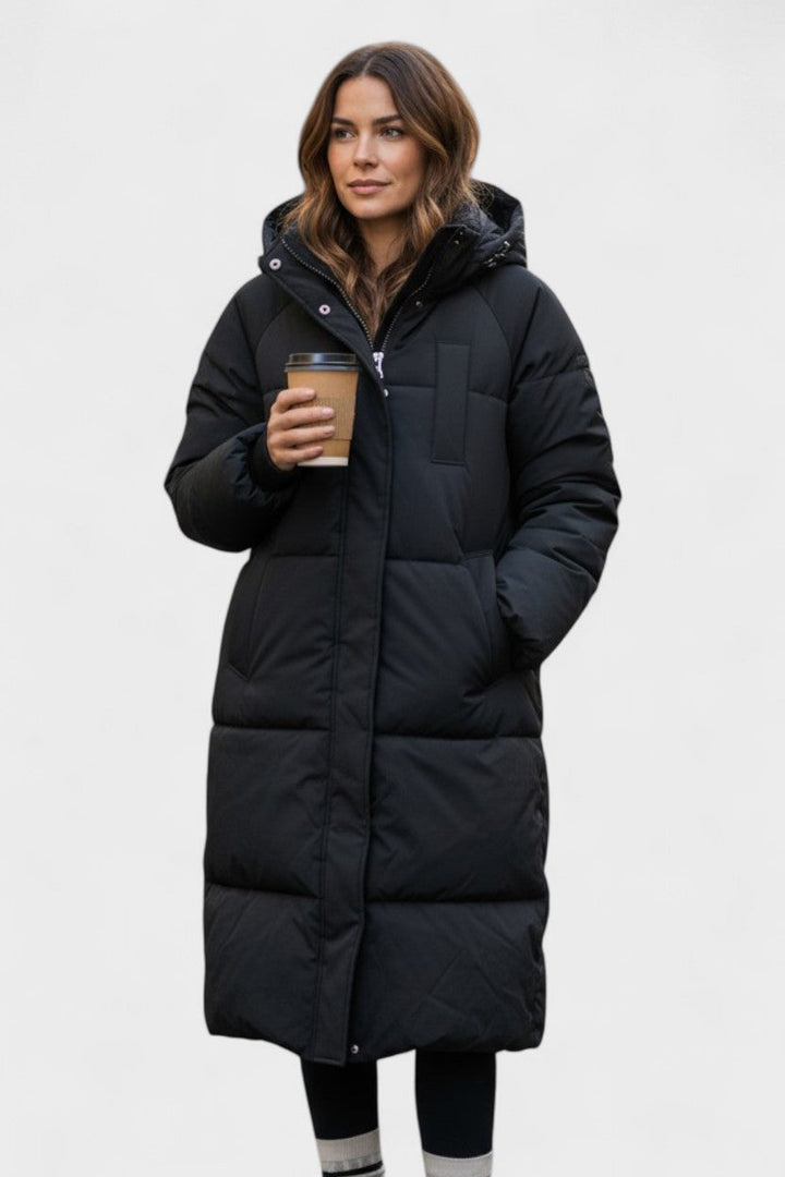 Longline hooded puffer coat with quilted panels and large pockets