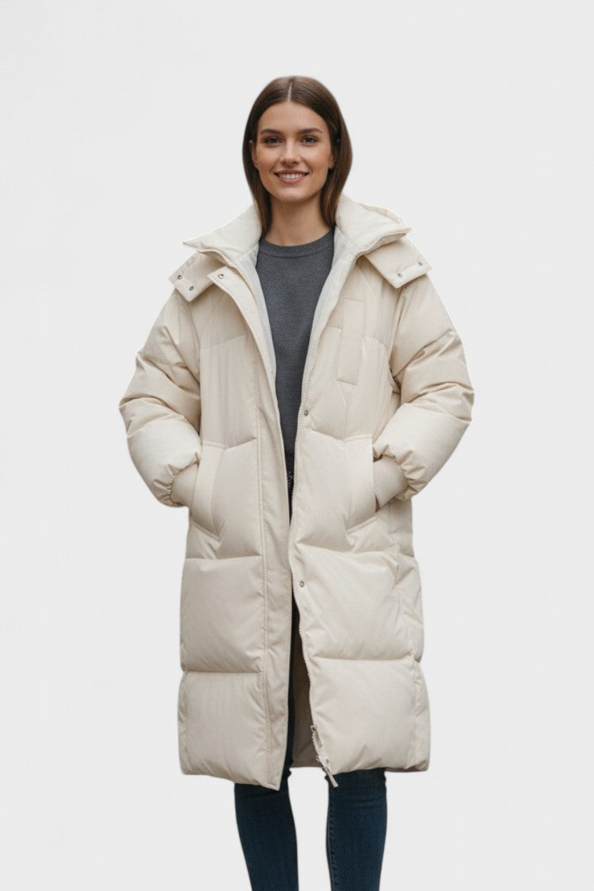Longline hooded puffer coat with quilted panels and large pockets