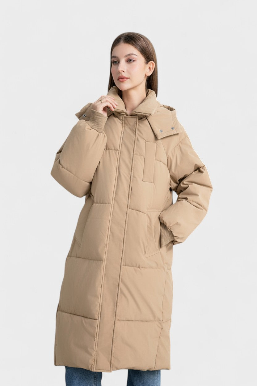 Longline hooded puffer coat with quilted panels and large pockets