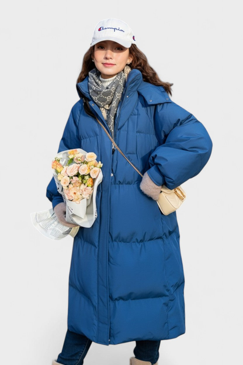 Longline hooded puffer coat with quilted panels and large pockets