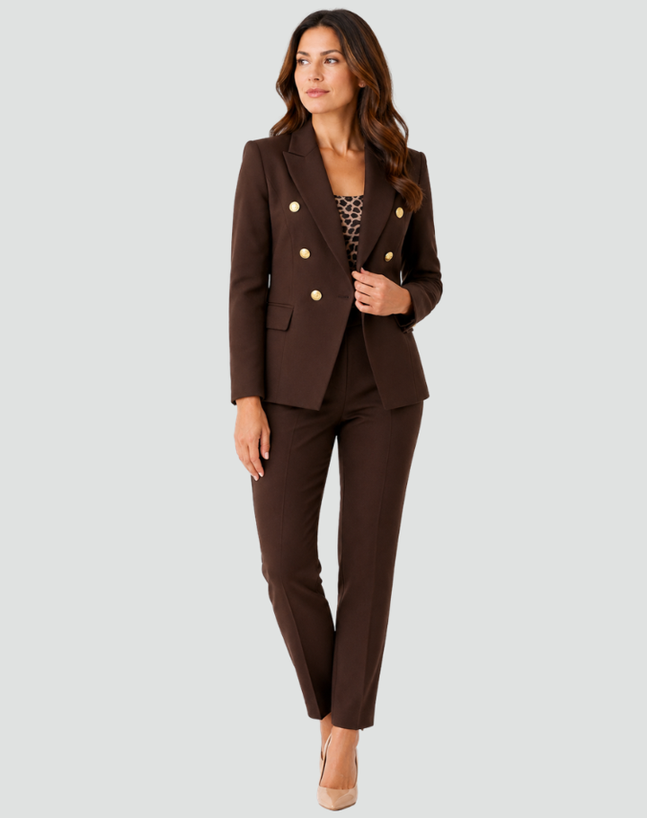 Women's double-breasted trouser suit with tailored blazer and ankle-length trousers