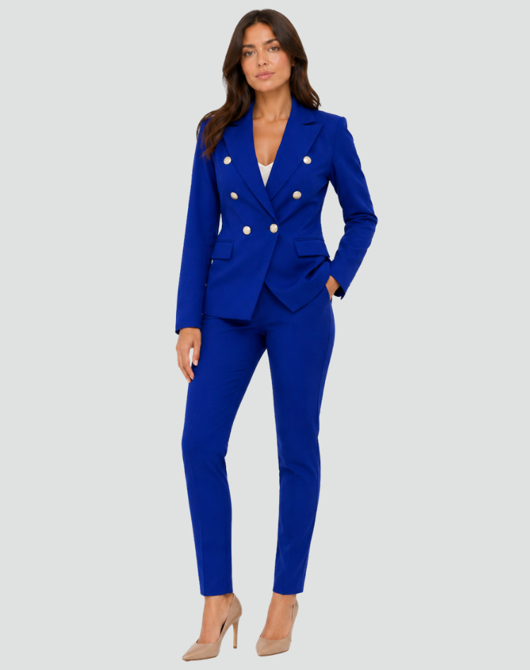 Women's double-breasted trouser suit with tailored blazer and ankle-length trousers