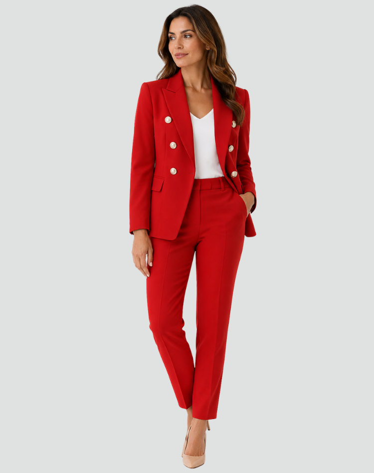 Women's double-breasted trouser suit with tailored blazer and ankle-length trousers