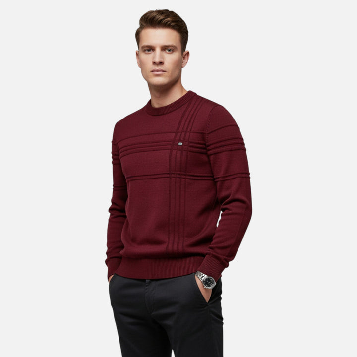 Men's long-sleeve striped crew neck sweater with ribbed trims