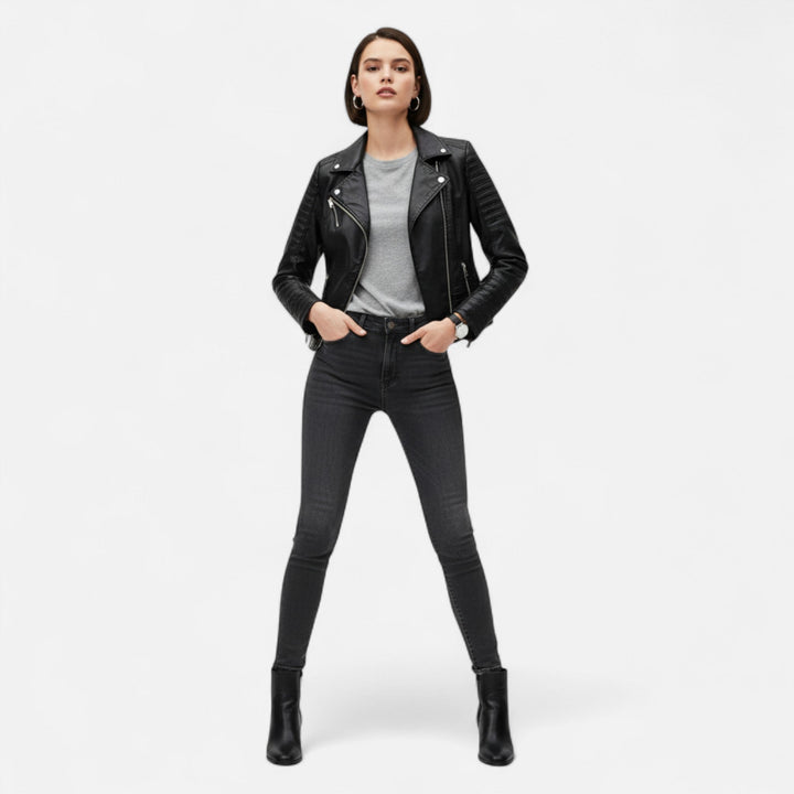Women's black biker jacket with asymmetric zip and quilted sleeves