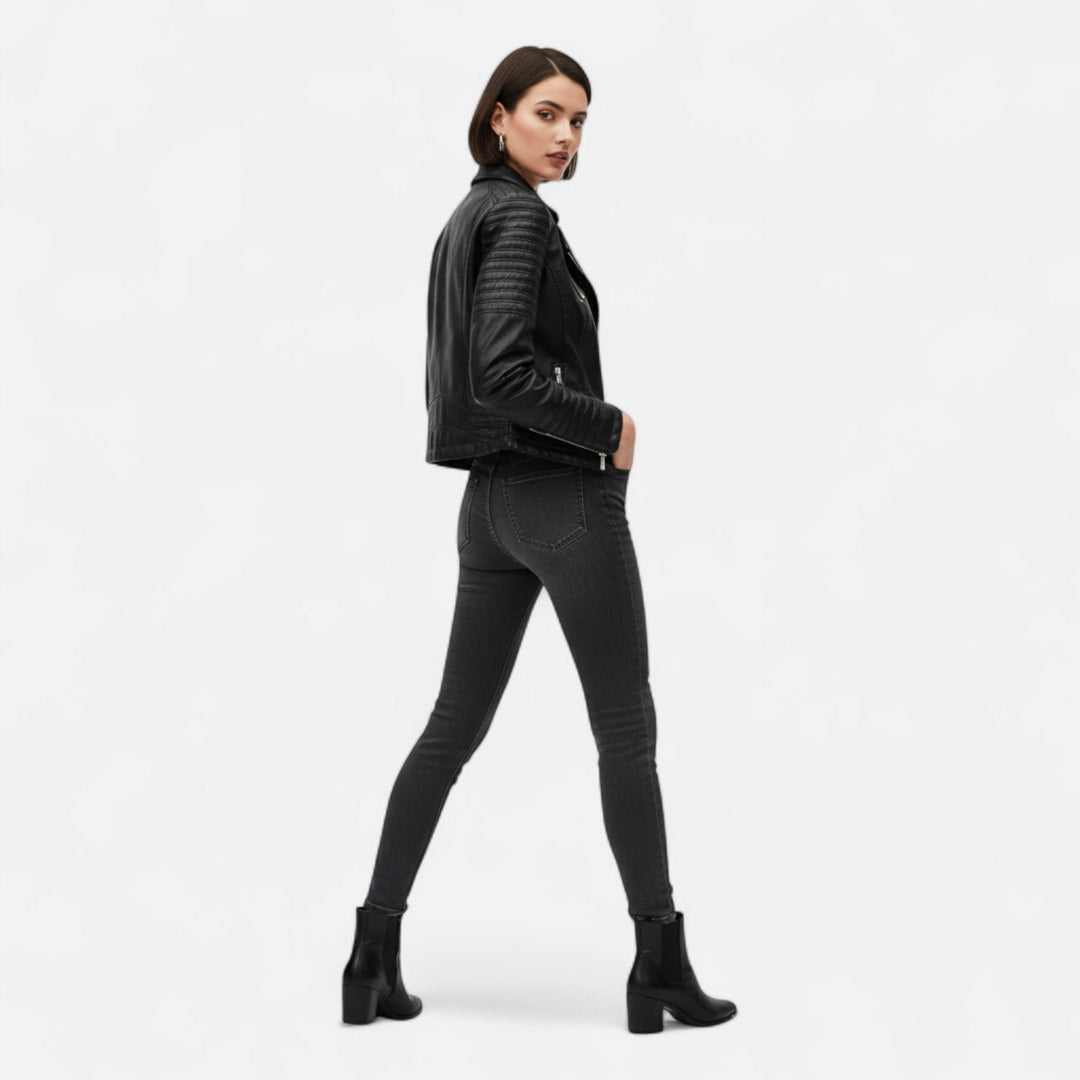 Women's black biker jacket with asymmetric zip and quilted sleeves
