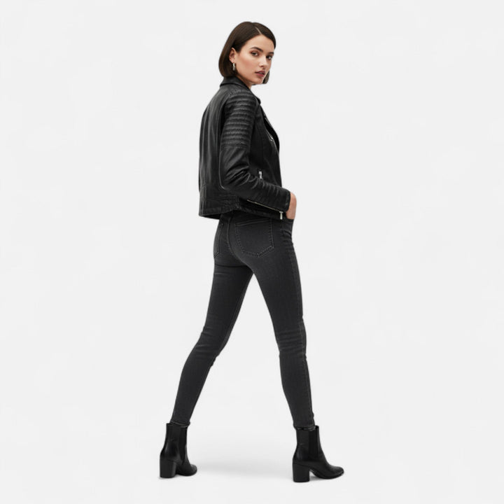 Women's black biker jacket with asymmetric zip and quilted sleeves