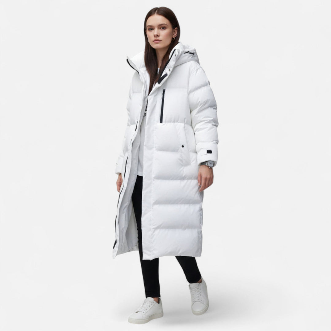 Women's long quilted hooded puffer coat with zip front and pockets