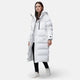 Women's long quilted hooded puffer coat with zip front and pockets