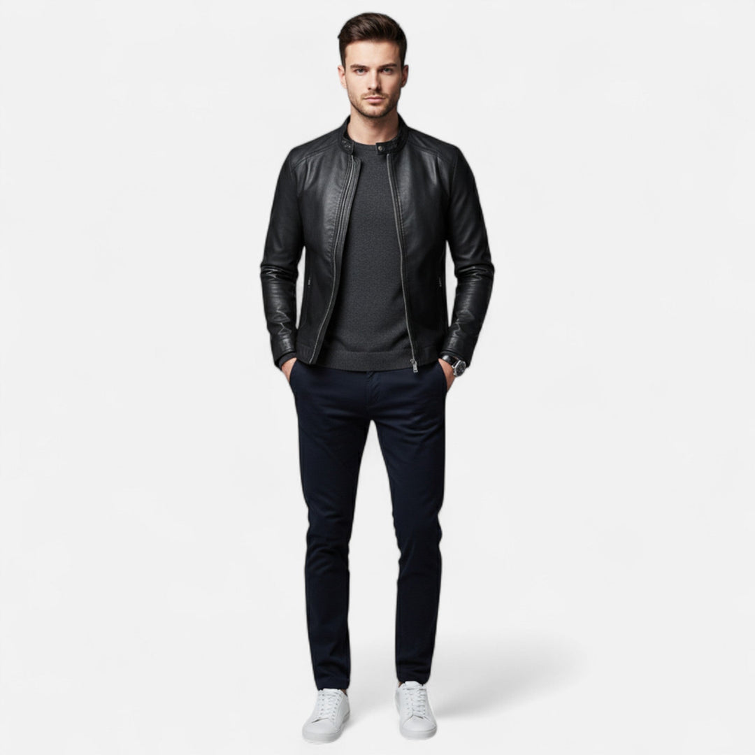 Men's black slim fit biker jacket with stand collar and zips