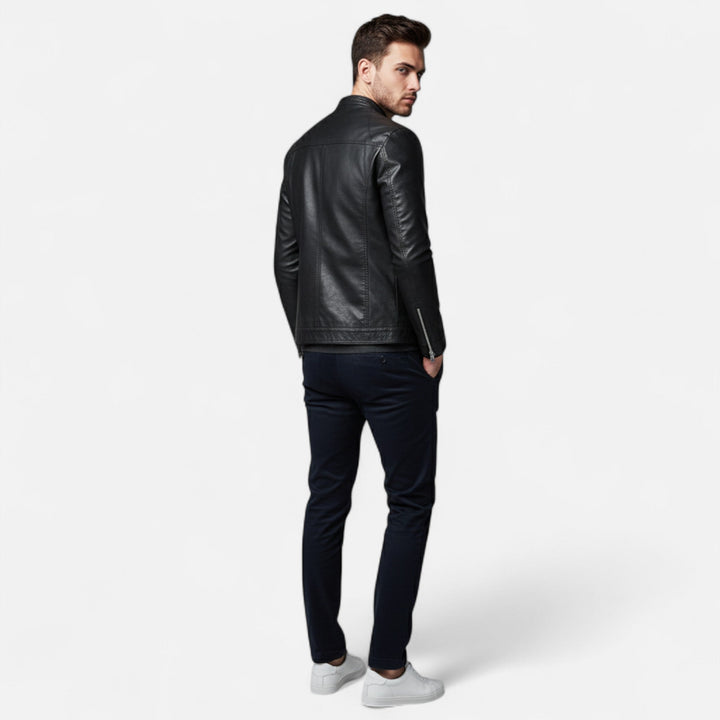 Men's black slim fit biker jacket with stand collar and zips