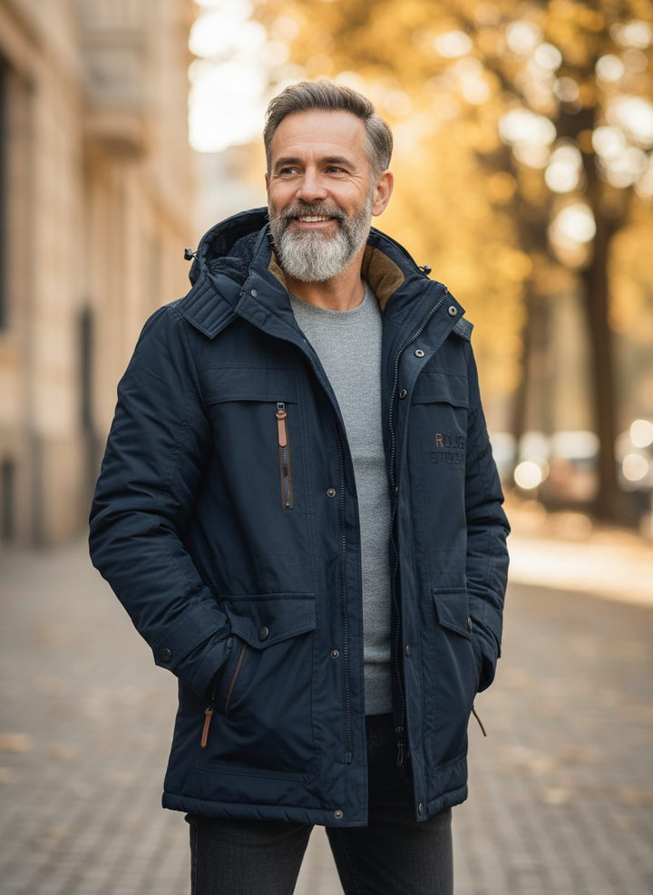Men's hooded winter jacket with multiple pockets and zip front