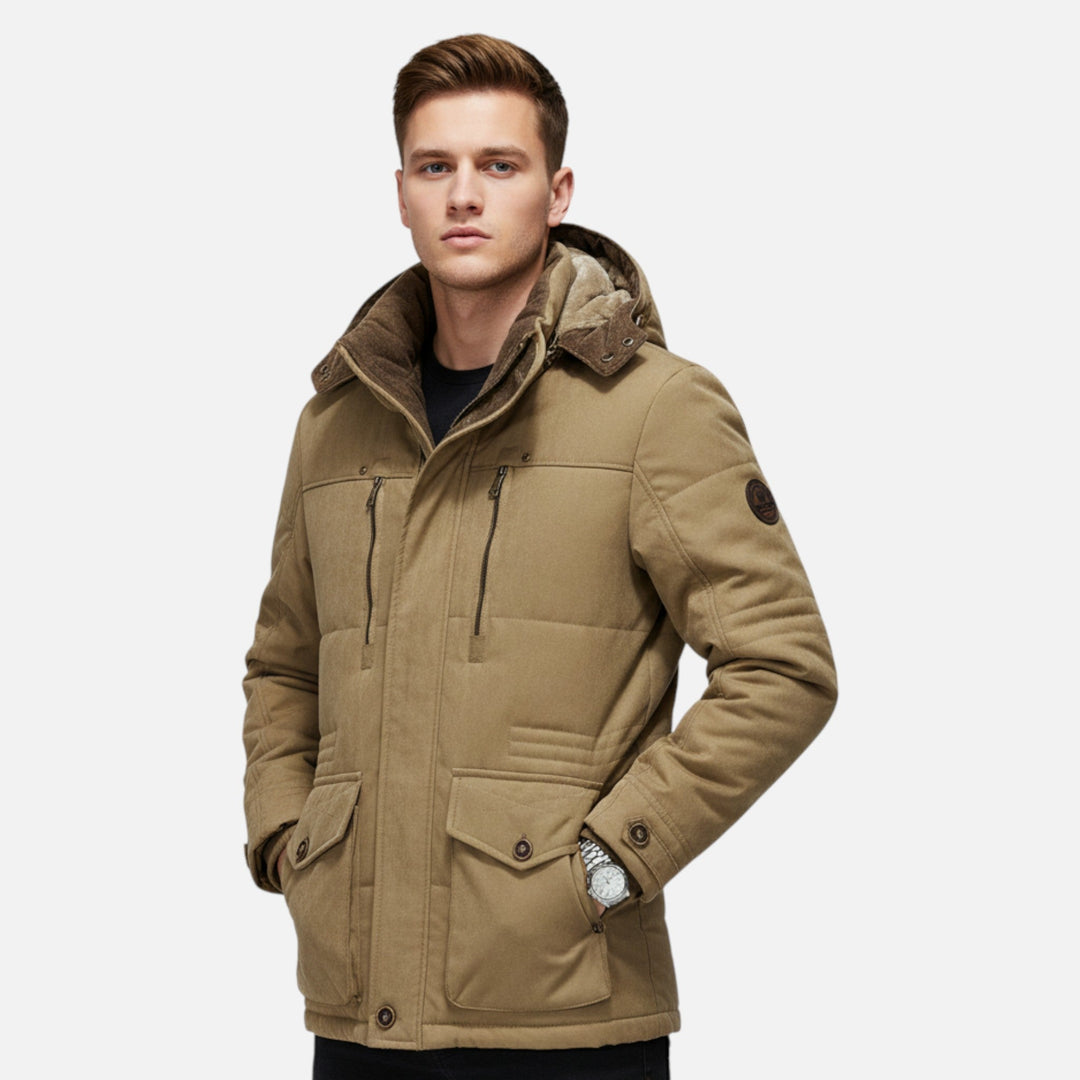 Men's hooded quilted parka with multiple pockets