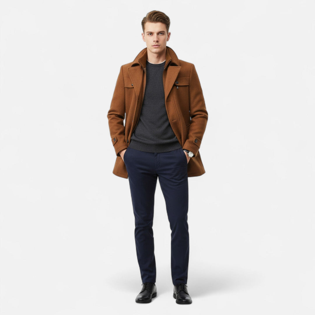 Men's longline coat with stand collar, lapels, buttons, zip front and multiple pockets