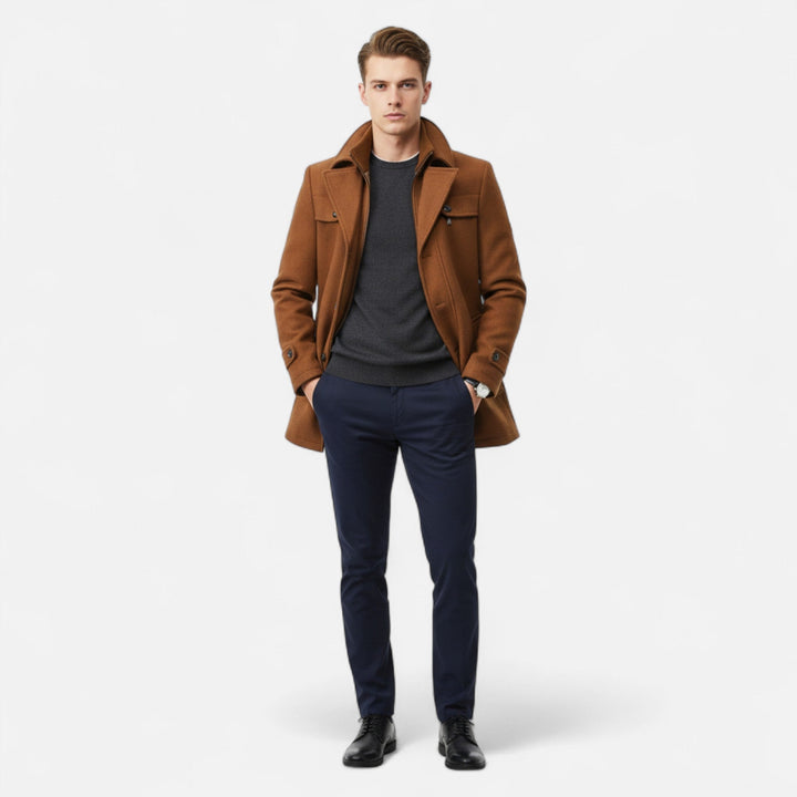 Men's longline coat with stand collar, lapels, buttons, zip front and multiple pockets
