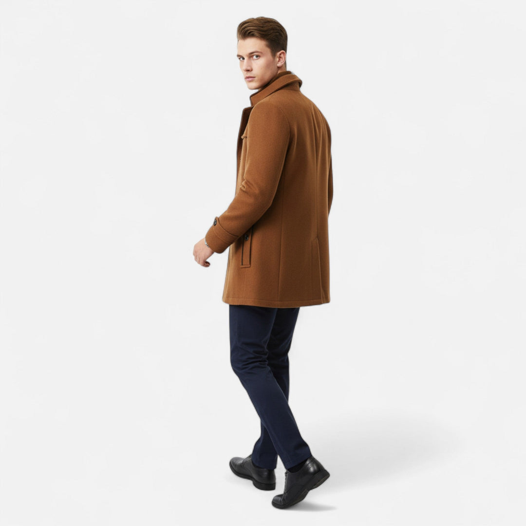 Men's longline coat with stand collar, lapels, buttons, zip front and multiple pockets
