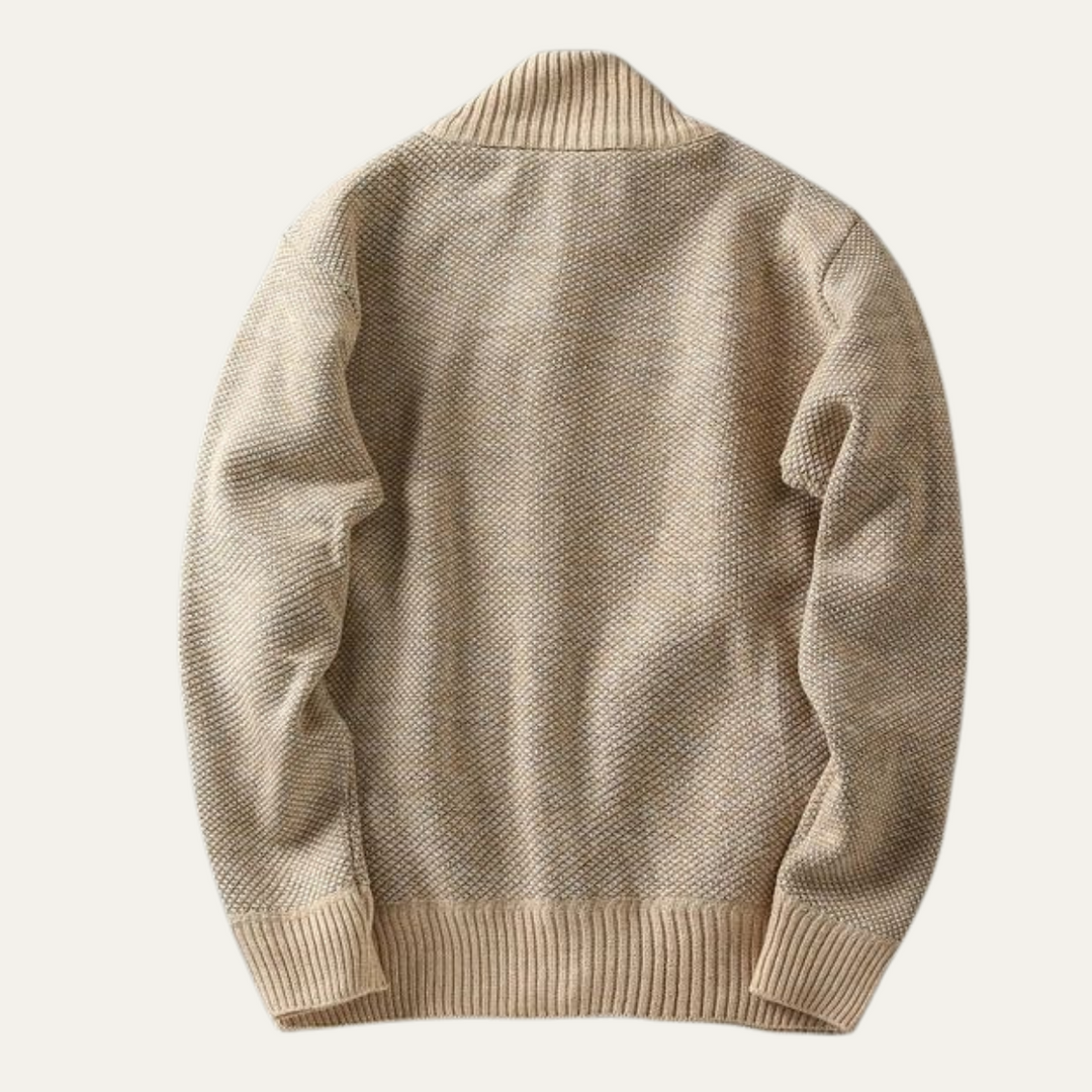 Men's chunky knit zip jacket with mock neck and ribbed trims