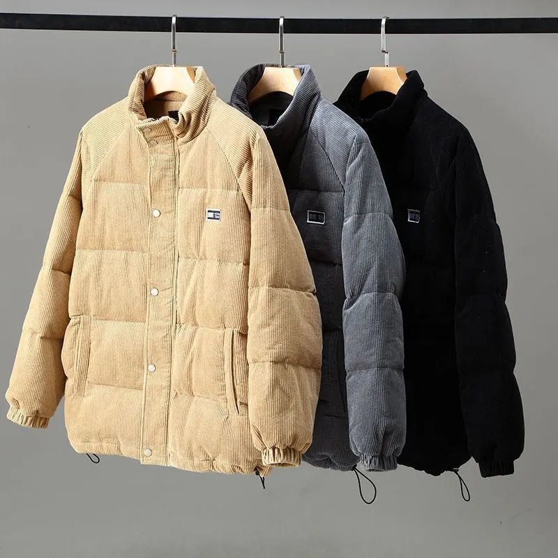 Men's padded corduroy jacket with stand collar and long sleeves