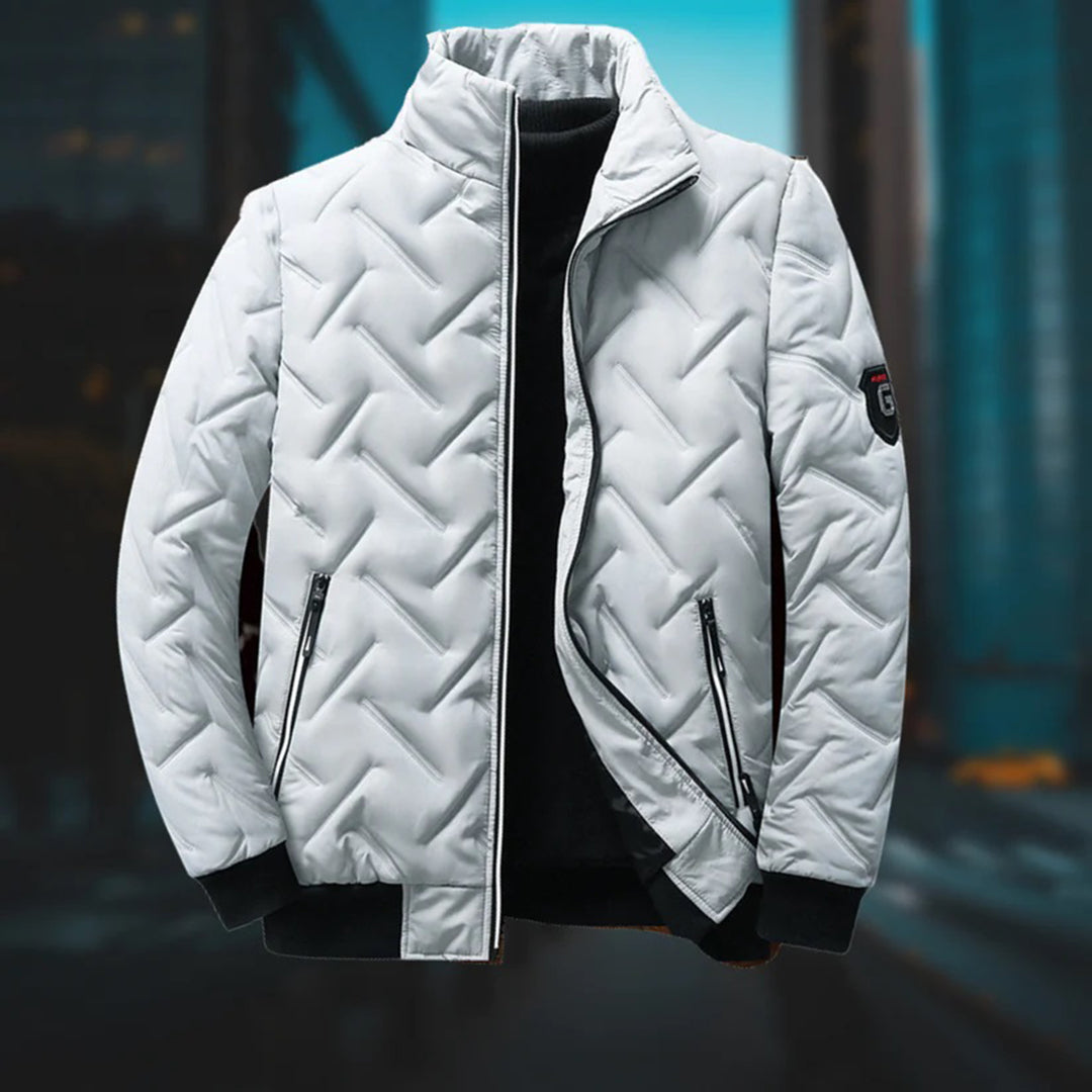 Men's quilted jacket with stand collar, geometric pattern and zipped pockets