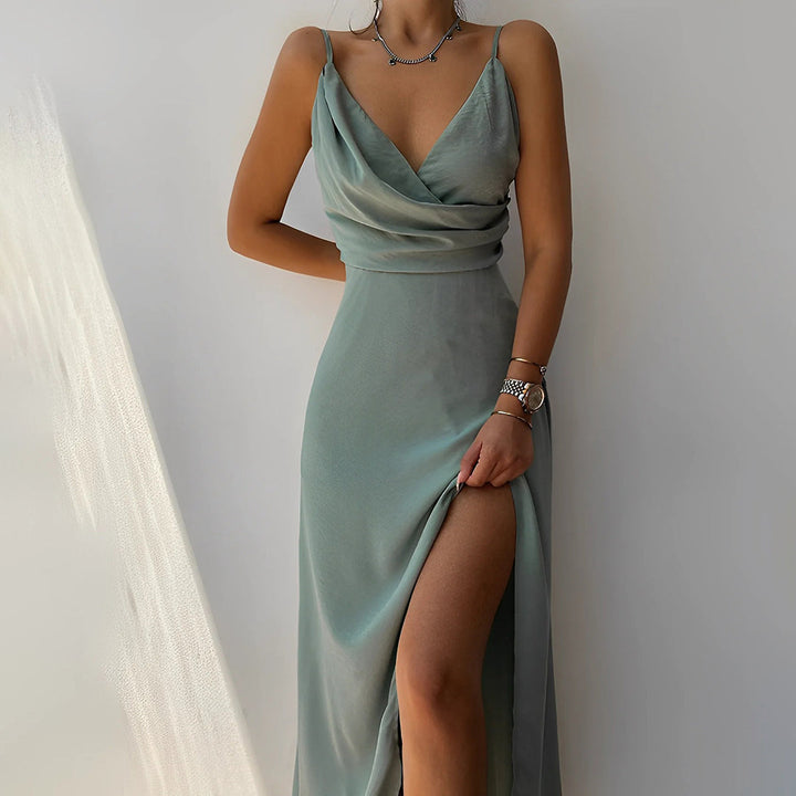 Women's floor-length maxi dress with spaghetti straps, V-neck, and high thigh slit