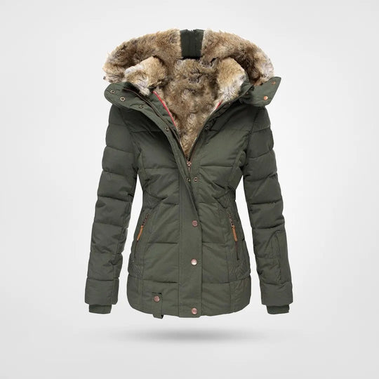 Women's hooded puffer jacket with faux fur trim and zipped pockets