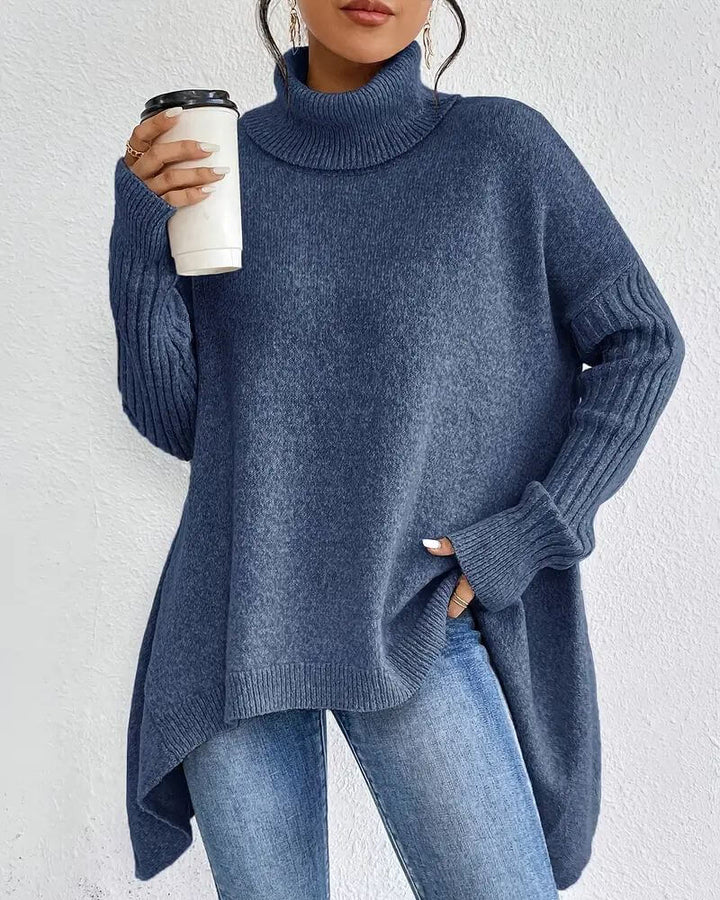 Women's asymmetrical high neck jumper with long sleeves and high-low hem