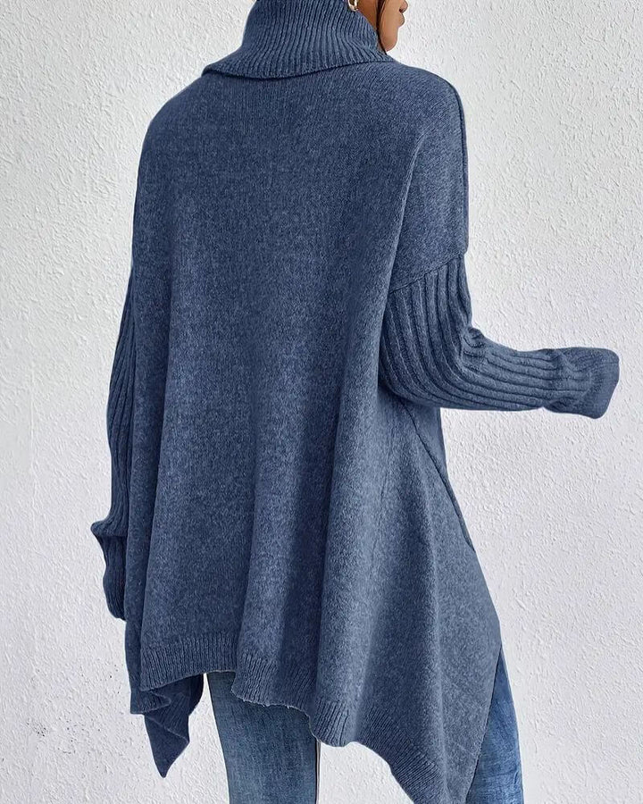 Women's asymmetrical high neck jumper with long sleeves and high-low hem
