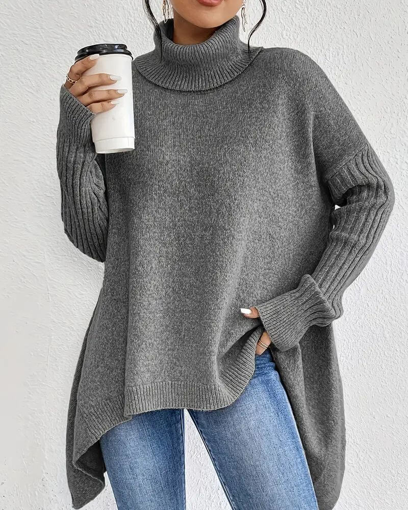 Women's asymmetrical high neck jumper with long sleeves and high-low hem