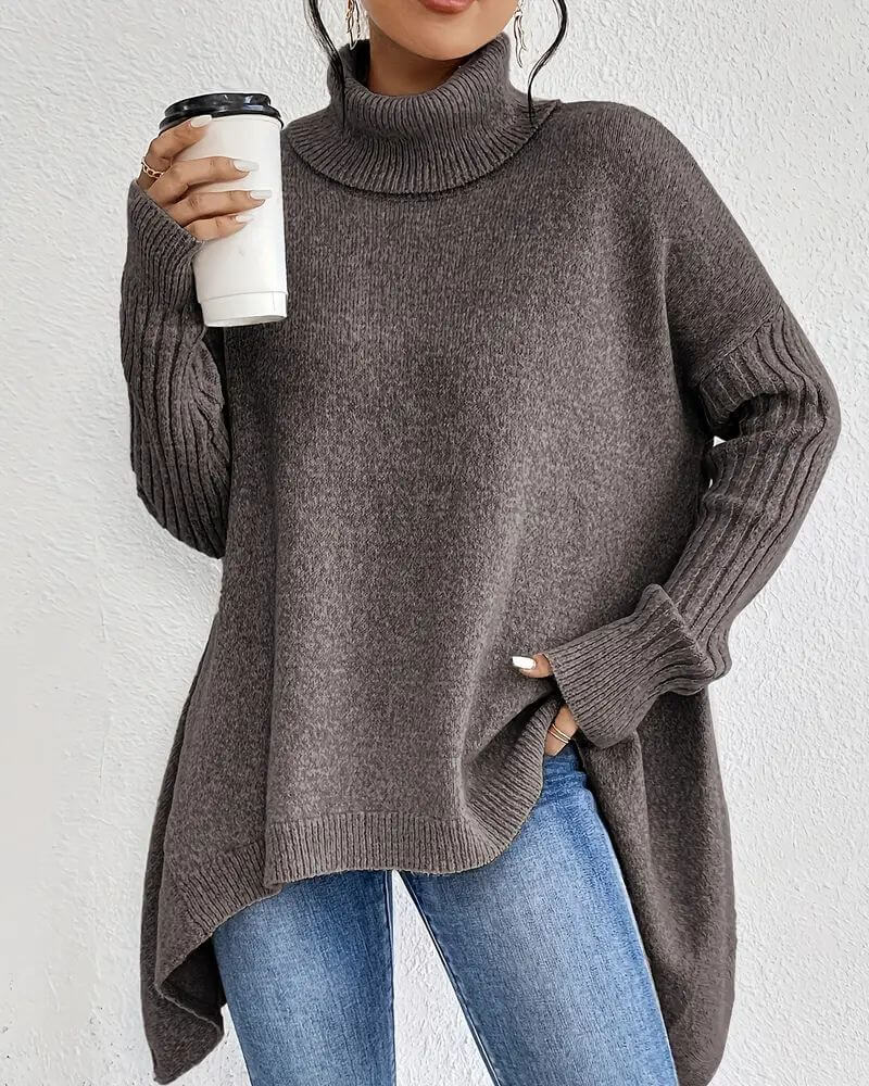 Women's asymmetrical high neck jumper with long sleeves and high-low hem