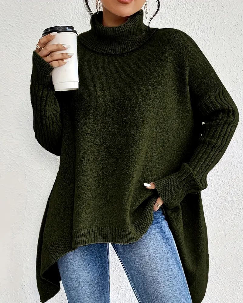 Women's asymmetrical high neck jumper with long sleeves and high-low hem
