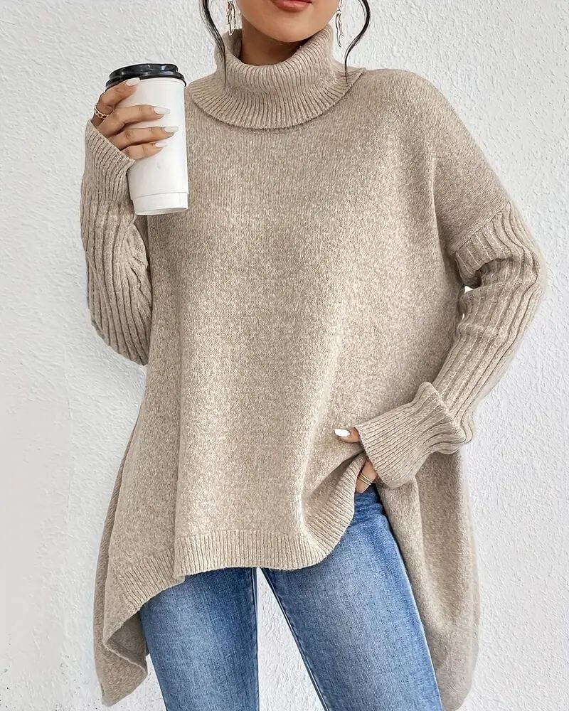 Women's asymmetrical high neck jumper with long sleeves and high-low hem