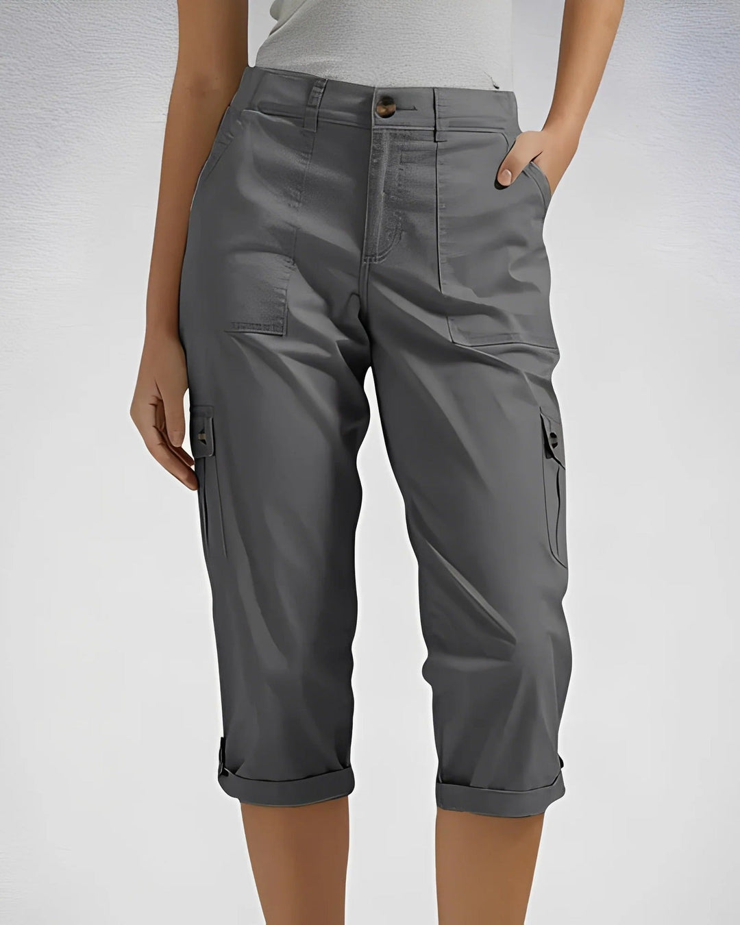 Women's cropped cargo trousers with cuffed hems and multiple pockets