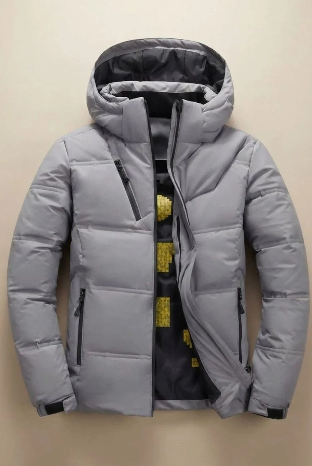 Men's hooded padded jacket with quilted panels and zipped pockets