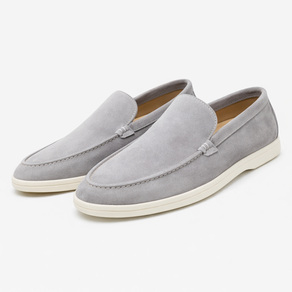Men's burgundy Como loafer with cream sole and moccasin stitching, shown from the side