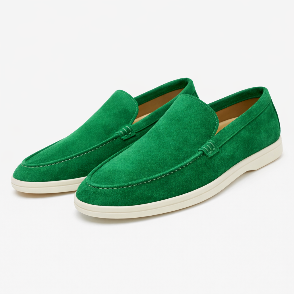 Men's burgundy Como loafer with cream sole and moccasin stitching, shown from the side