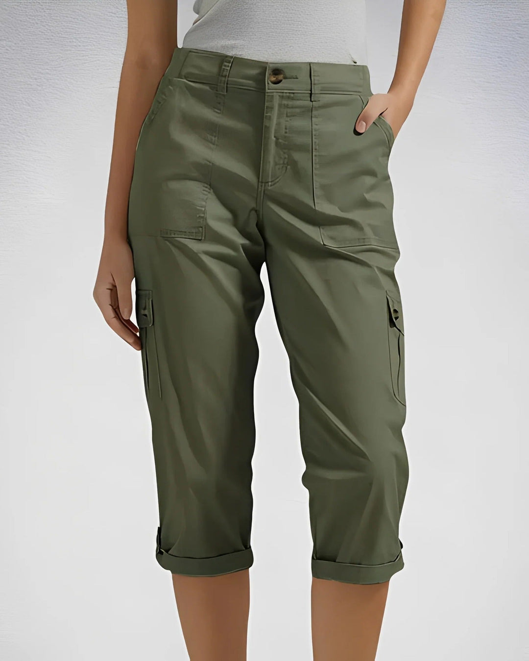 Women's cropped cargo trousers with cuffed hems and multiple pockets