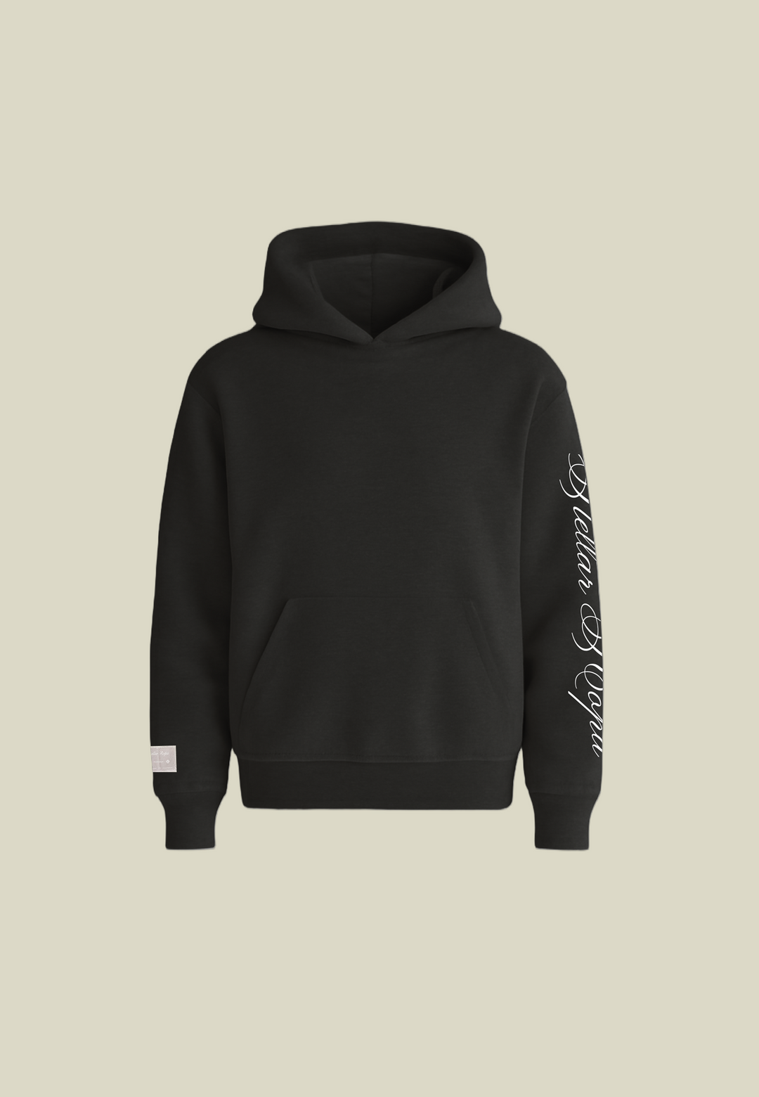 Black unisex hoodie with hood, front pouch pocket and white sleeve lettering