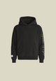 Black unisex hoodie with hood, front pouch pocket and white sleeve lettering
