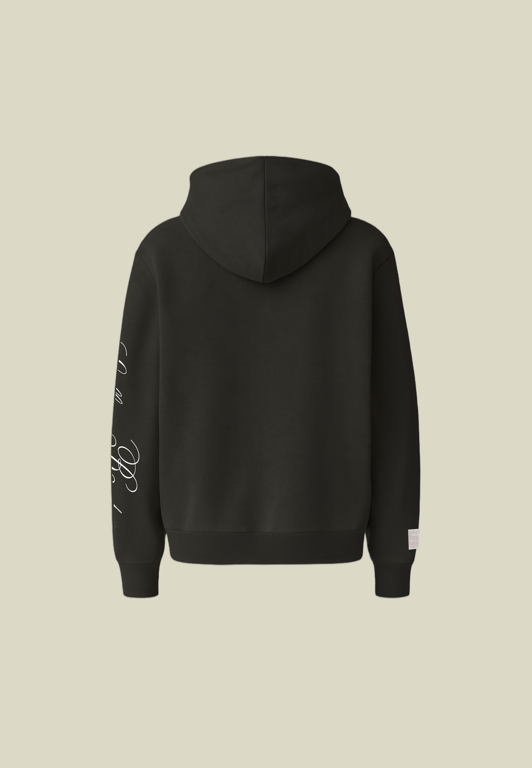Black unisex hoodie with hood, front pouch pocket and white sleeve lettering